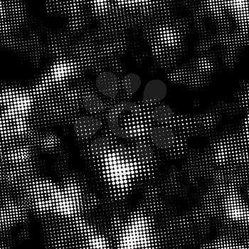 Retro grunge white halftone ink print, seamless pattern on black background