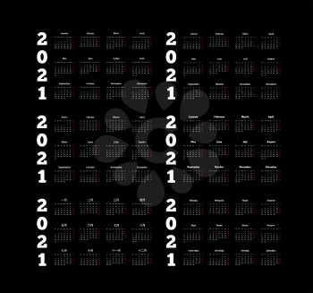 Set of 2021 year simple calendars on different languages like english, german, russian, french, spanish and chinese on dark