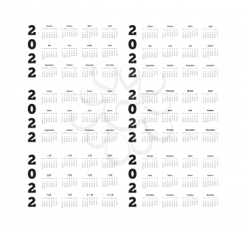Set of 2022 year simple calendars on different languages like english, german, russian, french, spanish and chinese on white