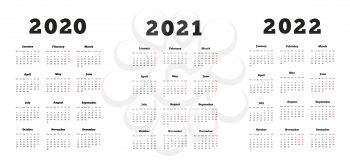 Set of A4 size vertical simple calendars at 2020, 2021, 2022 years on white