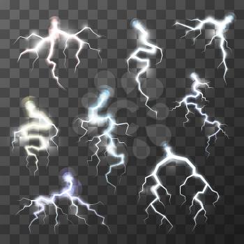 Set of bright realistic thunderbolts on transparent background