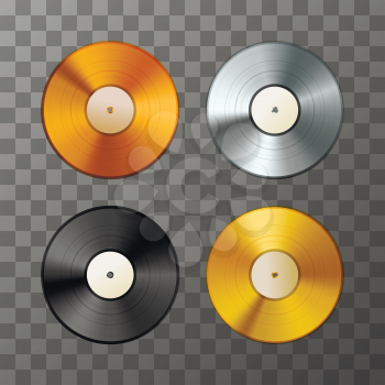 Set of golden, platinum and bronze album, vinyl discs on transparent background
