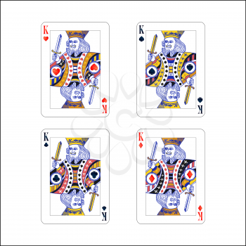 Set of king playing card with different suits like diamonds, clubs, hearts and spades on white