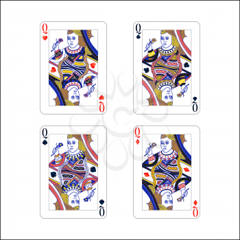 Set of queen playing card with different suits like diamonds, clubs, hearts and spades on white