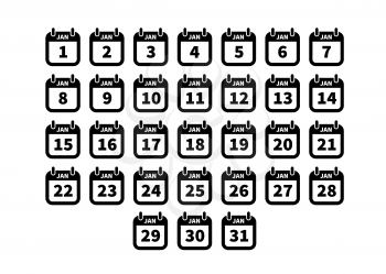 Set of simple black calendar icons on january on white
