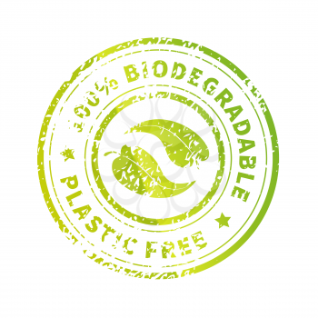 Biodegradable icon, bright green Plastic free round symbol with leaves and grunge texture on white