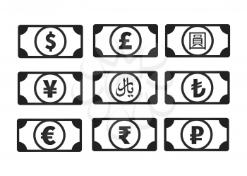 Abstract money banknotes with common currency signs like us dollar, pound, yen, yuan, ruble, euro, rupee, rial, lira isolated on white