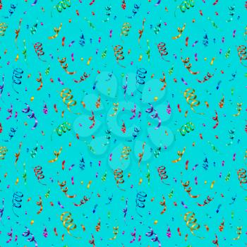 A lot of bright colorful confetti and serpentine on blue background, anniversary party seamless pattern