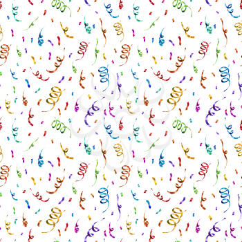 Bright colorful confetti and serpentine on white background, anniversary party seamless pattern