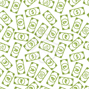 A lot of different bright green money banknotes with common currency signs like us dollar, pound, yen, yuan, ruble, euro, rupee, rial and lira, seamless pattern on white