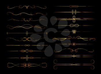 Big set of retro calligraphic page dividers in gold colour, page decoration vignettes on dark