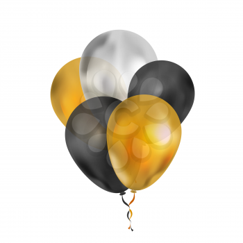 Bright bunch of five luxury balloons in gold, silver and black colours isolated on white
