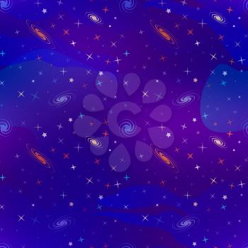 Bright cartoon deep space background with lots of colorful stars and galacticas, cosmos seamless pattern