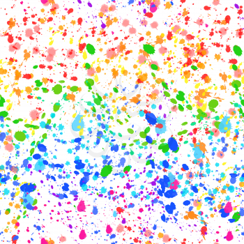 Bright colorful paint splashes of watercolor drops in rainbow colours, seamless pattern on white