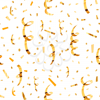 Bright golden serpentine and confetti, seamless pattern on white background