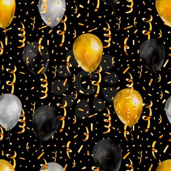Bright golden serpentine, confetti and balloons, luxury seamless pattern on black