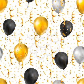 Bright golden serpentine, confetti and balloons, luxury seamless pattern on white background