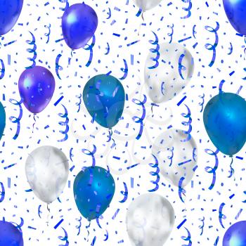 Bright serpentine and confetti with blue and white balloons, seamless pattern on white background