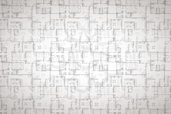 Complicated house floor plan with interior details on construction blueprint scheme, wide detailed background