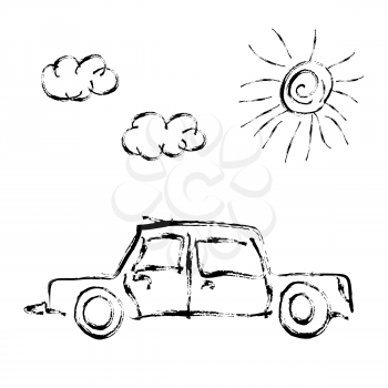 Cute child's hand drawn car with sun and clouds isolated on white