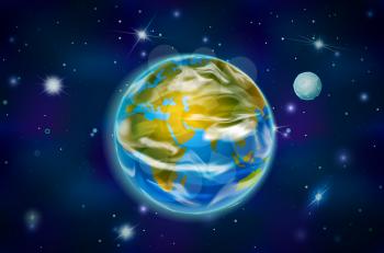 Earth planet with moon satellite on deep space background with bright stars and constellations
