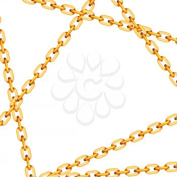 Glossy golden metal crossed chains on white, square background
