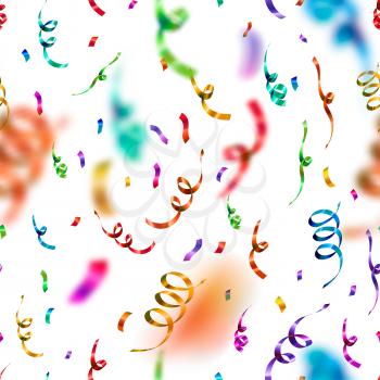 Lot of bright colorful confetti and serpentine on white background, anniversary party seamless pattern