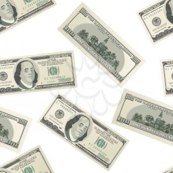 Lots of one hundred USA dollars banknotes on white background, seamless pattern