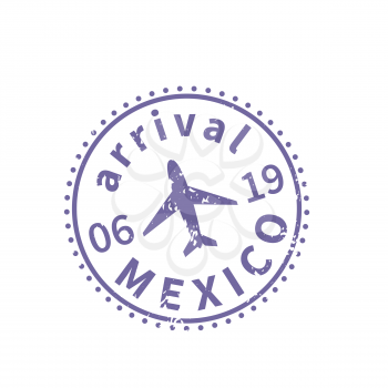 Mexico International travel visa stamp isolated on white. Arrival sign purple rubber stamp with texture