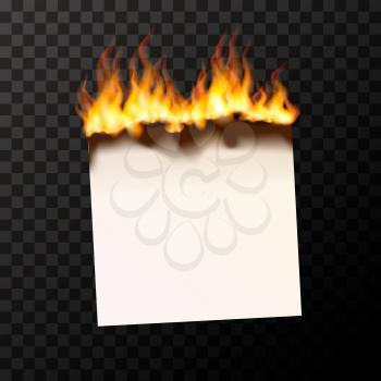 Realistic burning blank piece of paper bright with fire flames