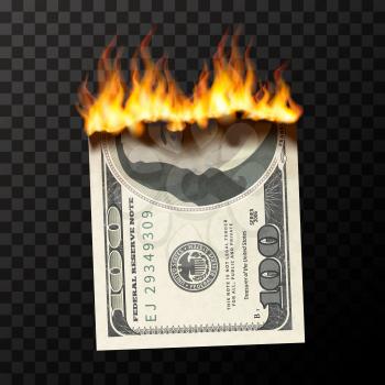 Realistic burning dummy of one hundred USA dollars banknote torn into two pieces with fire flames