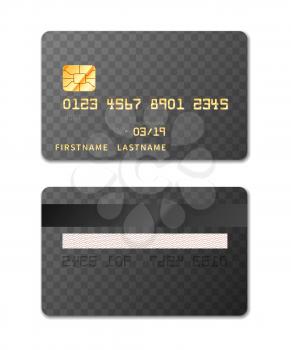 Realistic credit card template from both sides, design mockup on transparent background