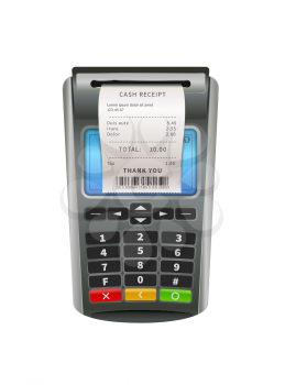 Realistic NFC POS terminal for payment by debit or credit card with sales bill isolated on white