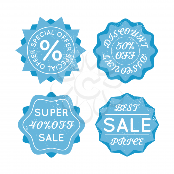 Set of bright blue sale retro badges isolated on white