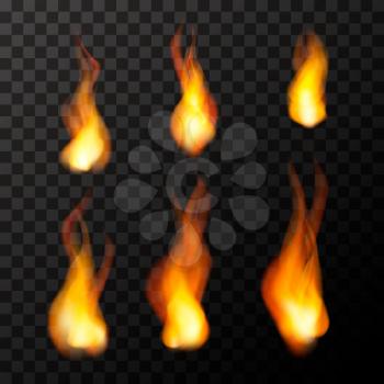 Set of bright fire flames on transparent background