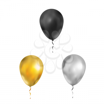 Set of bright luxury balloons in black, gold and silver colours isolated on white