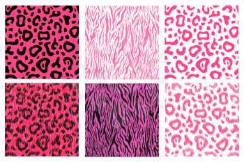 Set of bright pink realistic leopard and tiger skin, detailed seamless patterns isolated on white