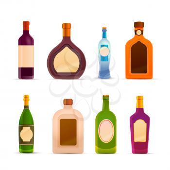 Set of glossy icons of bottles with alcohol isolated on white