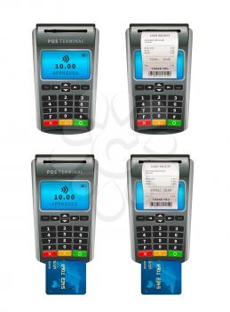 Set of realistic NFC POS terminals for payment by debit or credit card with shopping bill isolated on white