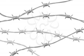 Several lines of glossy realistic barbed wire on white