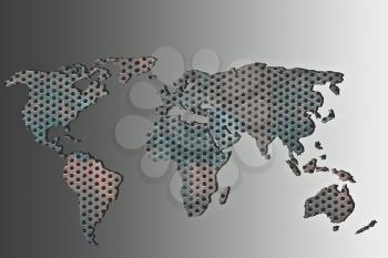 Roughly outlined world map with metal filling on gray background
