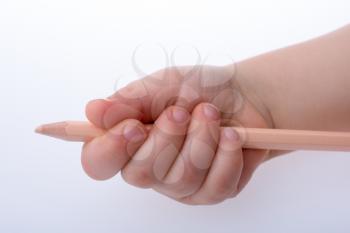 Hand holding a color pencil on a white background