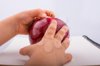 Hand holding a beautiful red apple on a whiteb background