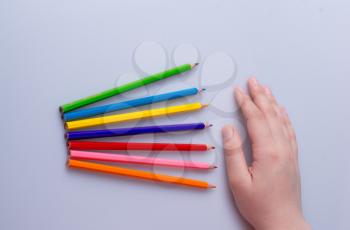 Hand holding color Pencils placed on a white background