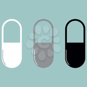 Pill or capsule white grey black icon set.