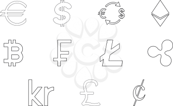 Money symbol black color set outline style vector illustration