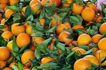 Fresh oranges for sale at grocery store. Fruit background.