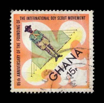 GHANA - CIRCA 1972. Vintage postage stamp printed for the 65th anniversary of the founding of the international boy scout movement, circa 1972.