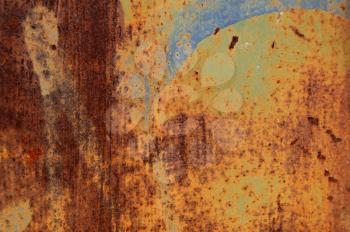 Rusty grunge metal background with paint stains. Abstract macro texture.