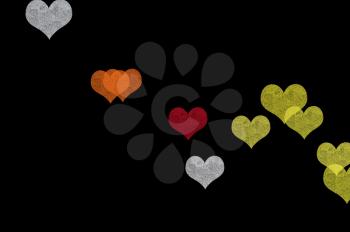 Colorful painted hearts on black background. Grunge abstract illustration.